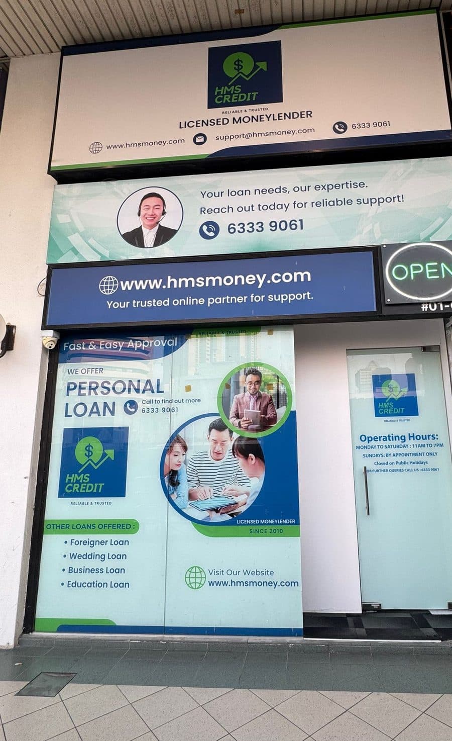 HMS Credit's storefront at #01-08 Sim Lim Square